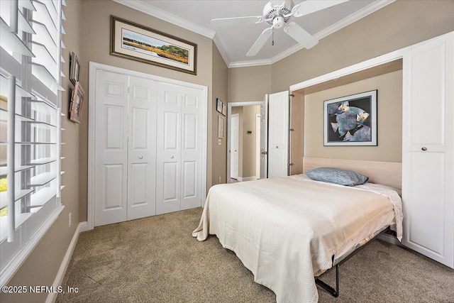 6541 Burnham Cir, Ponte Vedra Beach, FL 32082 - bedroom featuring crown molding, light carpet, a closet, multiple windows, and ceiling fan