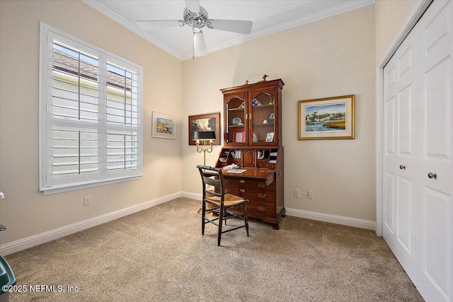 6541 Burnham Cir, Ponte Vedra Beach, FL 32082 - carpeted home office featuring crown molding, ceiling fan, and baseboards