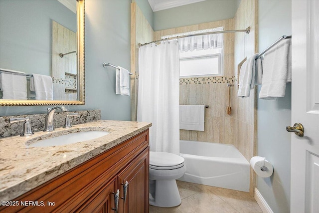 6541 Burnham Cir, Ponte Vedra Beach, FL 32082 - bathroom with vanity, toilet, shower / bath combo, tile patterned floors, and ornamental molding