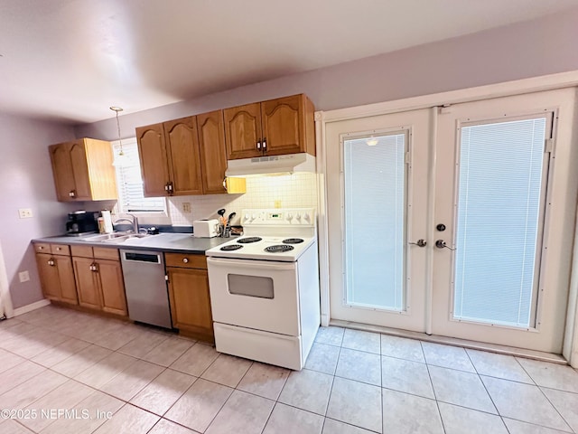 417 2nd Ave, Satsuma, FL 32189 - kitchen with stainless steel dishwasher, white electric range, under cabinet range hood, decorative backsplash, and light tile patterned floors