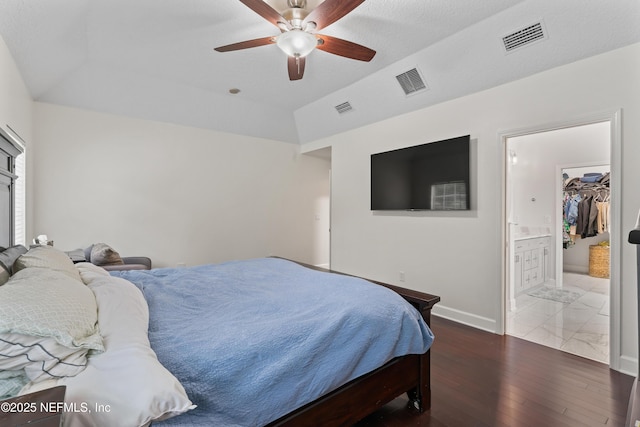 1321 Honeysuckle Dr, Saint Johns, FL 32259 - bedroom featuring hardwood / wood-style floors, baseboards, ensuite bathroom, a ceiling fan, and vaulted ceiling