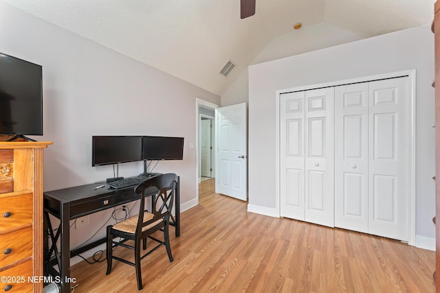 1321 Honeysuckle Dr, Saint Johns, FL 32259 - home office with lofted ceiling, light wood-type flooring, baseboards, and ceiling fan