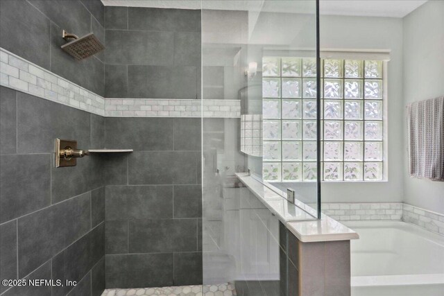 8681 Canopy Oaks Dr, Jacksonville, FL 32256 - bathroom with a garden tub and tiled shower