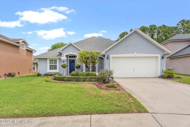 8681 Canopy Oaks Dr, Jacksonville, FL 32256 - ranch-style house featuring an attached garage, concrete driveway, a front yard, and stucco siding