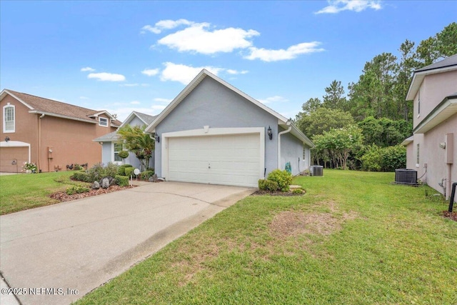8681 Canopy Oaks Dr, Jacksonville, FL 32256 - view of front facade with concrete driveway, cooling unit, stucco siding, a front lawn, and a garage