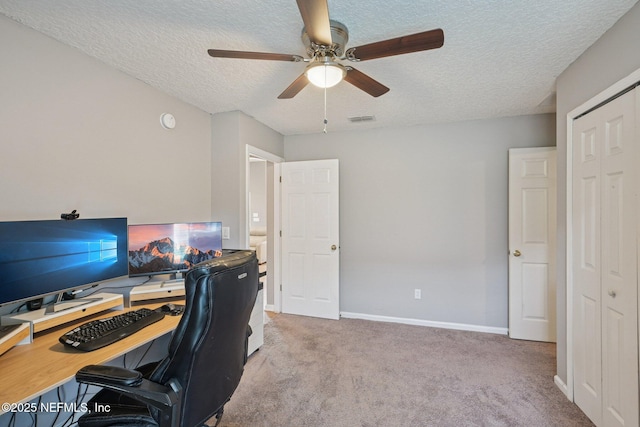 1823 Sentry Oak Ct, Fleming Island, FL 32003 - carpeted office featuring a ceiling fan, a textured ceiling, and baseboards