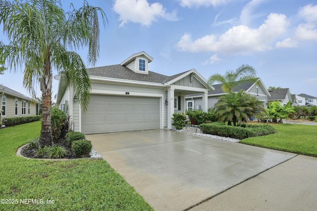 48 Foxcross Ave, Saint Augustine, FL 32092 - ranch-style home with a garage, driveway, a front lawn, a shingled roof, and board and batten siding