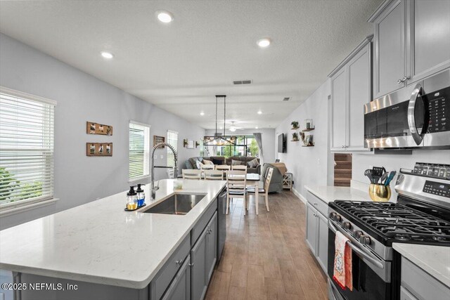 46 Killarney Ave, Saint Johns, FL 32259 - kitchen featuring appliances with stainless steel finishes, a sink, gray cabinets, open floor plan, and recessed lighting