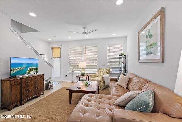 233 Brandon Lakes Dr, Saint Augustine, FL 32092 - living area with a ceiling fan, recessed lighting, and stairway