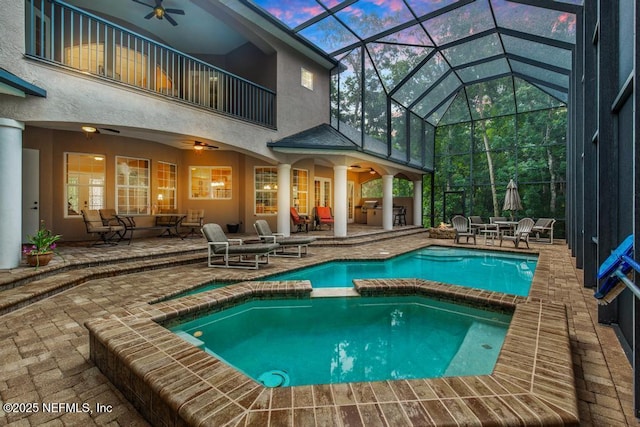 69 Bridle Ridge Ct, Flagler Beach, FL 32136 - view of pool featuring a ceiling fan, a patio, and a pool with connected hot tub