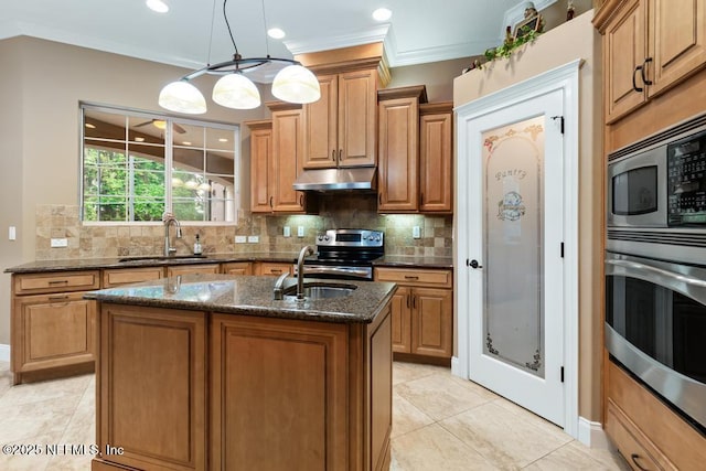 69 Bridle Ridge Ct, Flagler Beach, FL 32136 - kitchen featuring a sink, stainless steel appliances, under cabinet range hood, ornamental molding, and dark stone countertops