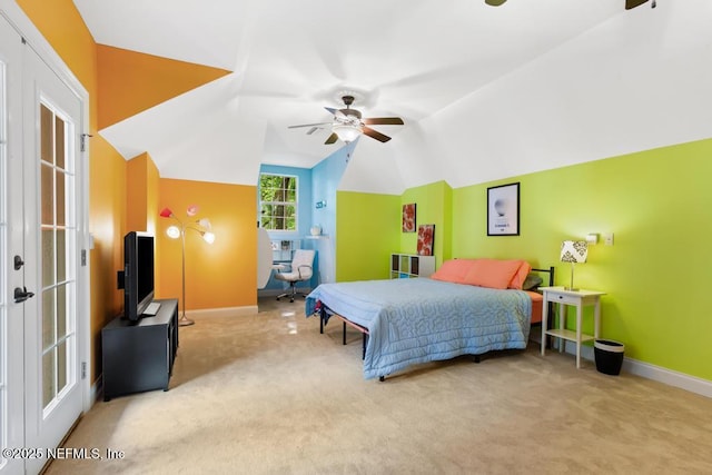 69 Bridle Ridge Ct, Flagler Beach, FL 32136 - carpeted bedroom featuring lofted ceiling, baseboards, and a ceiling fan