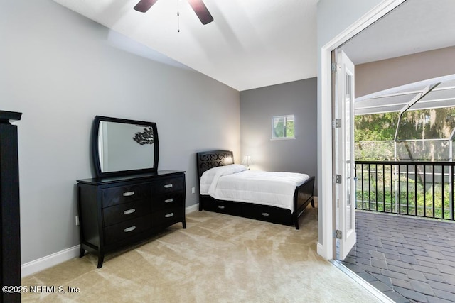 69 Bridle Ridge Ct, Flagler Beach, FL 32136 - bedroom with access to exterior, baseboards, light carpet, and a ceiling fan