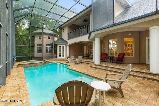 69 Bridle Ridge Ct, Flagler Beach, FL 32136 - view of pool with a ceiling fan, french doors, a patio area, a pool with connected hot tub, and a lanai