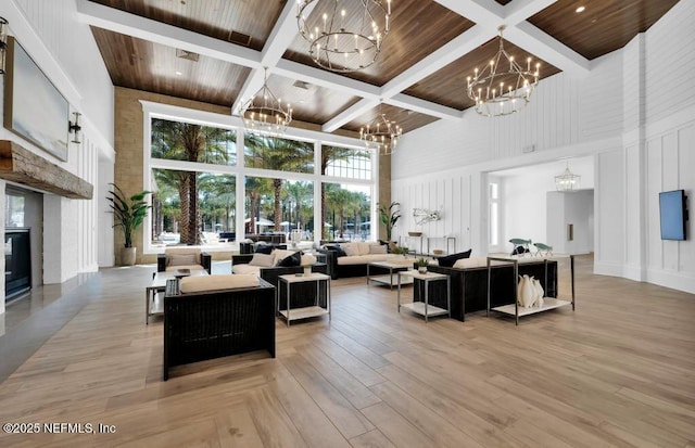 96 Glenhurst Ave, Ponte Vedra, FL 32081 - common area featuring a towering ceiling, coffered ceiling, a wood ceiling with exposed beams, and a decorative wall