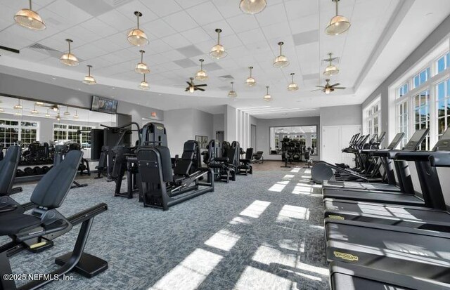 96 Glenhurst Ave, Ponte Vedra, FL 32081 - gym with a ceiling fan, a raised ceiling, and carpet flooring