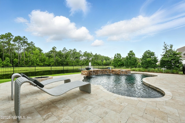 96 Glenhurst Ave, Ponte Vedra, FL 32081 - view of swimming pool featuring a fire pit, a patio, a fenced backyard, and an in-ground hot tub