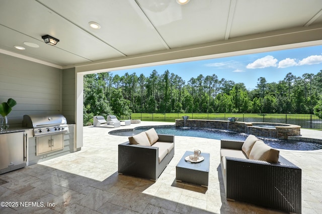 96 Glenhurst Ave, Ponte Vedra, FL 32081 - fenced backyard with area for grilling, a patio area, an outdoor hangout area, and a pool with connected hot tub