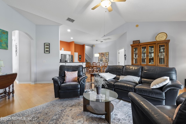 4340 Comanche Trail Blvd, Saint Johns, FL 32259 - living area featuring ceiling fan, arched walkways, light wood-type flooring, vaulted ceiling, and recessed lighting