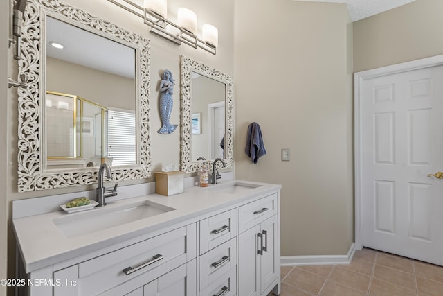 4340 Comanche Trail Blvd, Saint Johns, FL 32259 - bathroom featuring double vanity, a shower stall, and tile patterned floors