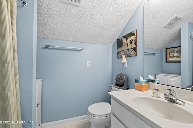 4340 Comanche Trail Blvd, Saint Johns, FL 32259 - full bath with a textured ceiling, vanity, vaulted ceiling, tile patterned floors, and a shower with curtain