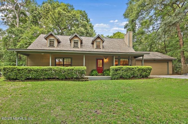 2768 N Periwinkle Ave, Middleburg, FL 32068 - view of front of property with a front yard, a porch, a chimney, and an attached garage