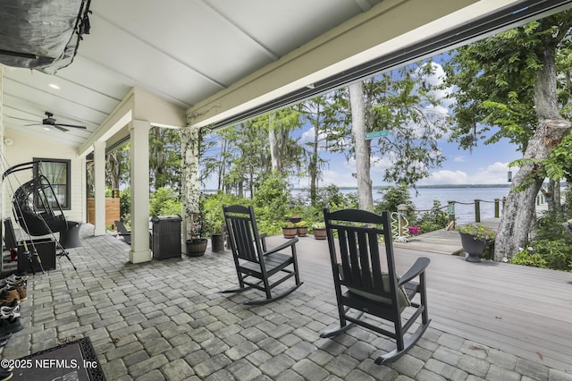 10351 County Road 13 N, Saint Augustine, FL 32092 - view of patio / terrace featuring a ceiling fan and a deck with water view