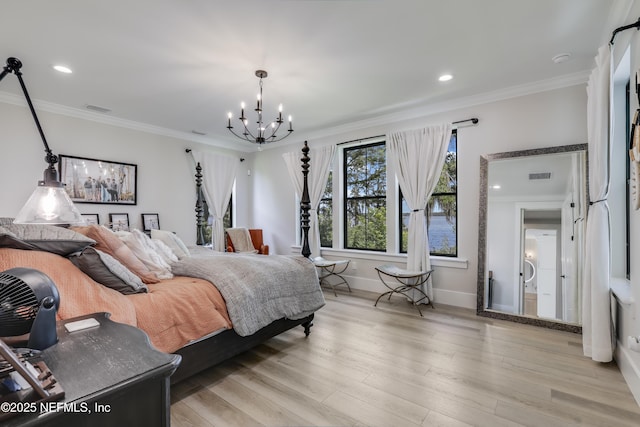 10351 County Road 13 N, Saint Augustine, FL 32092 - bedroom featuring a chandelier, light wood-style floors, crown molding, baseboards, and recessed lighting
