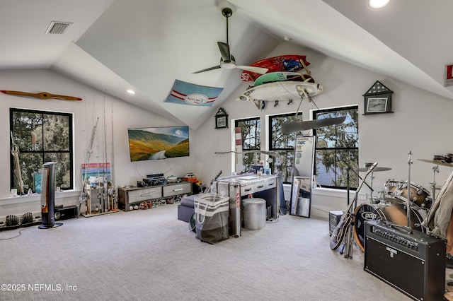 10351 County Road 13 N, Saint Augustine, FL 32092 - carpeted living area featuring lofted ceiling, ceiling fan, plenty of natural light, and recessed lighting