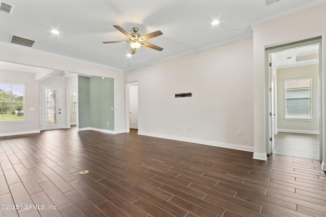 96167 Grande Oaks Ln, Fernandina Beach, FL 32034 - unfurnished living room featuring a ceiling fan, baseboards, dark wood finished floors, ornamental molding, and recessed lighting