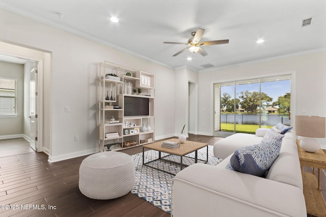 96167 Grande Oaks Ln, Fernandina Beach, FL 32034 - living area featuring plenty of natural light, ceiling fan, baseboards, ornamental molding, and wood finished floors