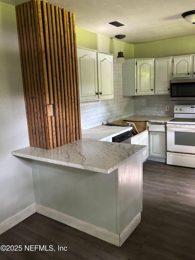 1630 Steele St, Jacksonville, FL 32209 - kitchen with stainless steel microwave, electric range, tasteful backsplash, and dark wood-style floors