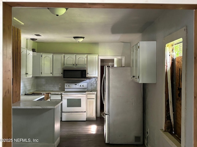 1630 Steele St, Jacksonville, FL 32209 - kitchen with appliances with stainless steel finishes, decorative backsplash, dark wood finished floors, and a peninsula
