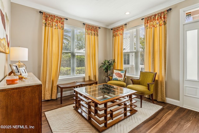 1899 White Sands Way Unit 704, Fernandina Beach, FL 32034 - living area with plenty of natural light, crown molding, dark wood-style floors, recessed lighting, and baseboards