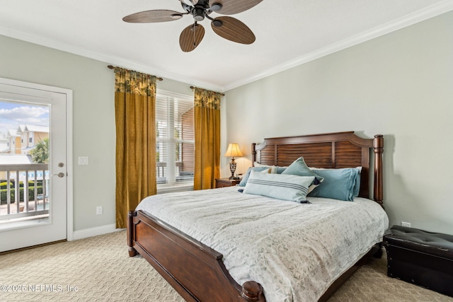 1899 White Sands Way Unit 704, Fernandina Beach, FL 32034 - bedroom featuring ornamental molding, access to outside, baseboards, light carpet, and ceiling fan