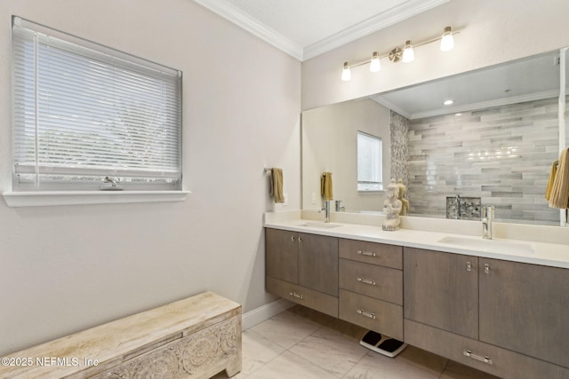 1899 White Sands Way Unit 704, Fernandina Beach, FL 32034 - bathroom featuring ornamental molding, double vanity, marble finish flooring, and baseboards