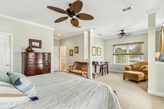 1899 White Sands Way Unit 704, Fernandina Beach, FL 32034 - bedroom with carpet floors, baseboards, crown molding, decorative columns, and a ceiling fan