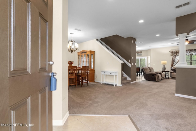 203 Buck Run Way, Saint Augustine, FL 32092 - entrance foyer featuring stairs, light carpet, recessed lighting, a chandelier, and light tile patterned flooring