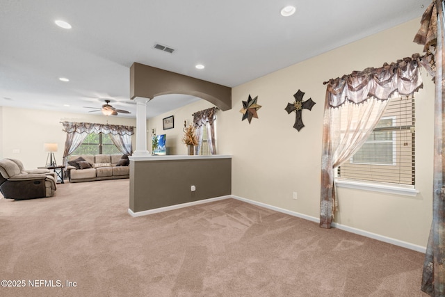 203 Buck Run Way, Saint Augustine, FL 32092 - carpeted empty room featuring decorative columns, arched walkways, a ceiling fan, and recessed lighting