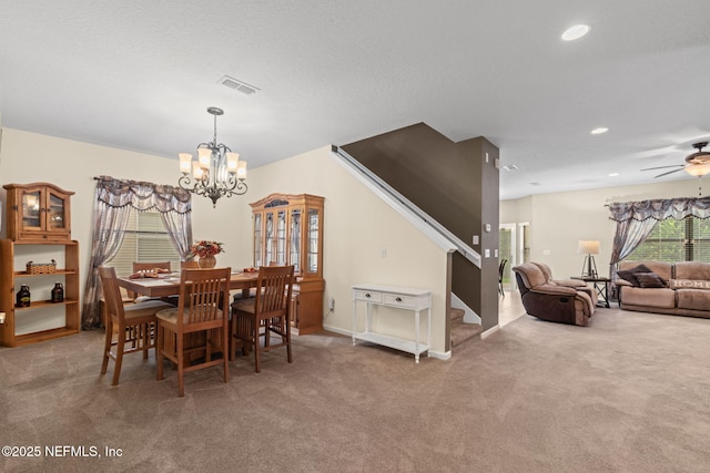 203 Buck Run Way, Saint Augustine, FL 32092 - carpeted dining space with a chandelier, stairway, a ceiling fan, and recessed lighting