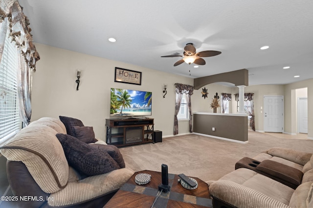 203 Buck Run Way, Saint Augustine, FL 32092 - living area featuring ornate columns, a ceiling fan, light colored carpet, recessed lighting, and arched walkways
