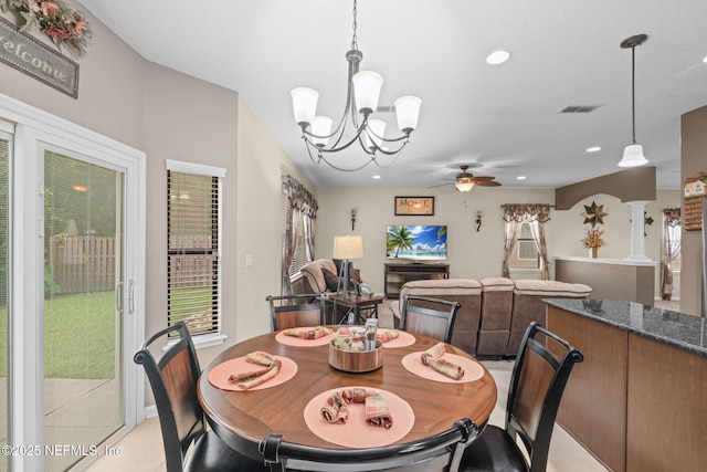 203 Buck Run Way, Saint Augustine, FL 32092 - dining room with a chandelier, a ceiling fan, recessed lighting, light tile patterned floors, and decorative columns
