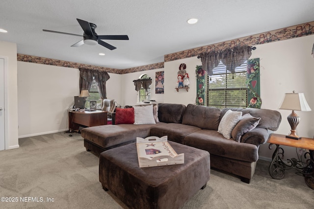 203 Buck Run Way, Saint Augustine, FL 32092 - living room featuring light carpet, a ceiling fan, plenty of natural light, recessed lighting, and a textured ceiling