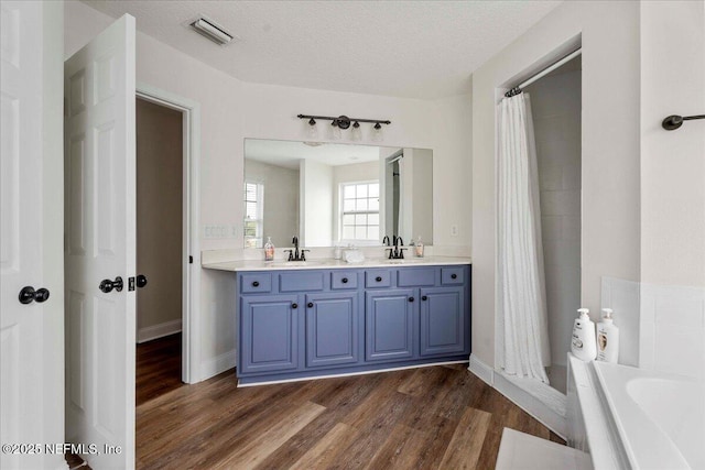 28 S Comares Ave, Saint Augustine Beach, FL 32080 - bathroom with wood finished floors, a garden tub, double vanity, and curtained shower