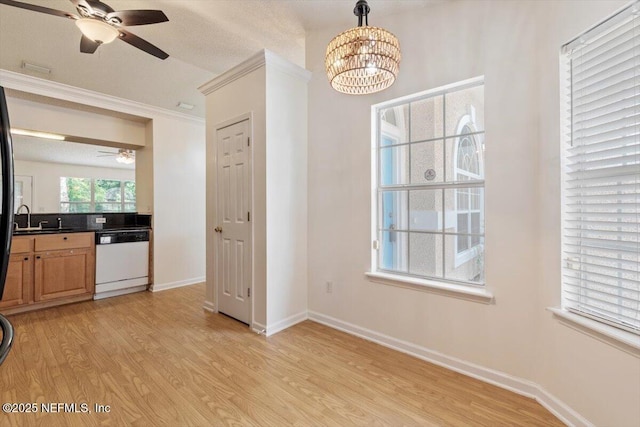 2888 Majestic Oaks Ln, Green Cove Springs, FL 32043 - unfurnished dining area with a ceiling fan, light wood finished floors, ornamental molding, and a chandelier