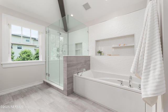 365 8th St, Atlantic Beach, FL 32233 - full bath featuring a bath, a shower stall, wood finished floors, and recessed lighting