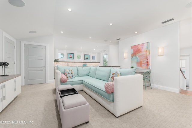365 8th St, Atlantic Beach, FL 32233 - living area with recessed lighting, light carpet, and lofted ceiling