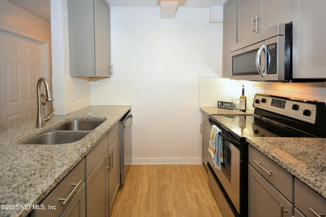 1266 Mayport Landing Cir, Jacksonville, FL 32233 - kitchen with stainless steel appliances, a sink, gray cabinetry, light wood-style floors, and baseboards