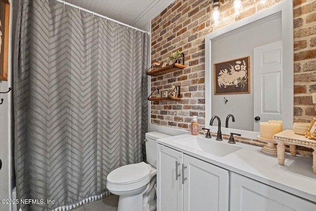 11214 Bentley Trace Ln E, Jacksonville, FL 32257 - full bathroom with brick wall, toilet, vanity, and a shower with shower curtain