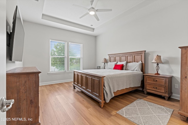 46 Hydrilla Ct, Saint Augustine, FL 32095 - bedroom featuring light wood-style flooring, a raised ceiling, and a ceiling fan